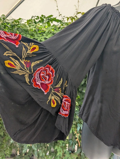 Jordash Embroidered Bell Sleeve Boho Top Black XL
