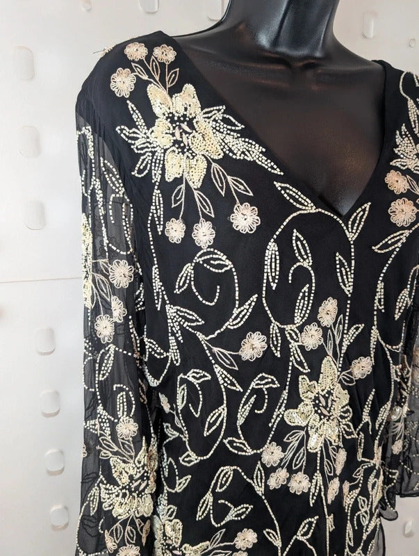Jacques Vert Black Silk Beaded Embroidered Evening Top UK18