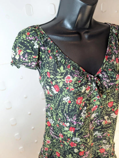 Black Ditsy Floral Blouse – Tie Neck Ruched Front – Lightweight – UK 8