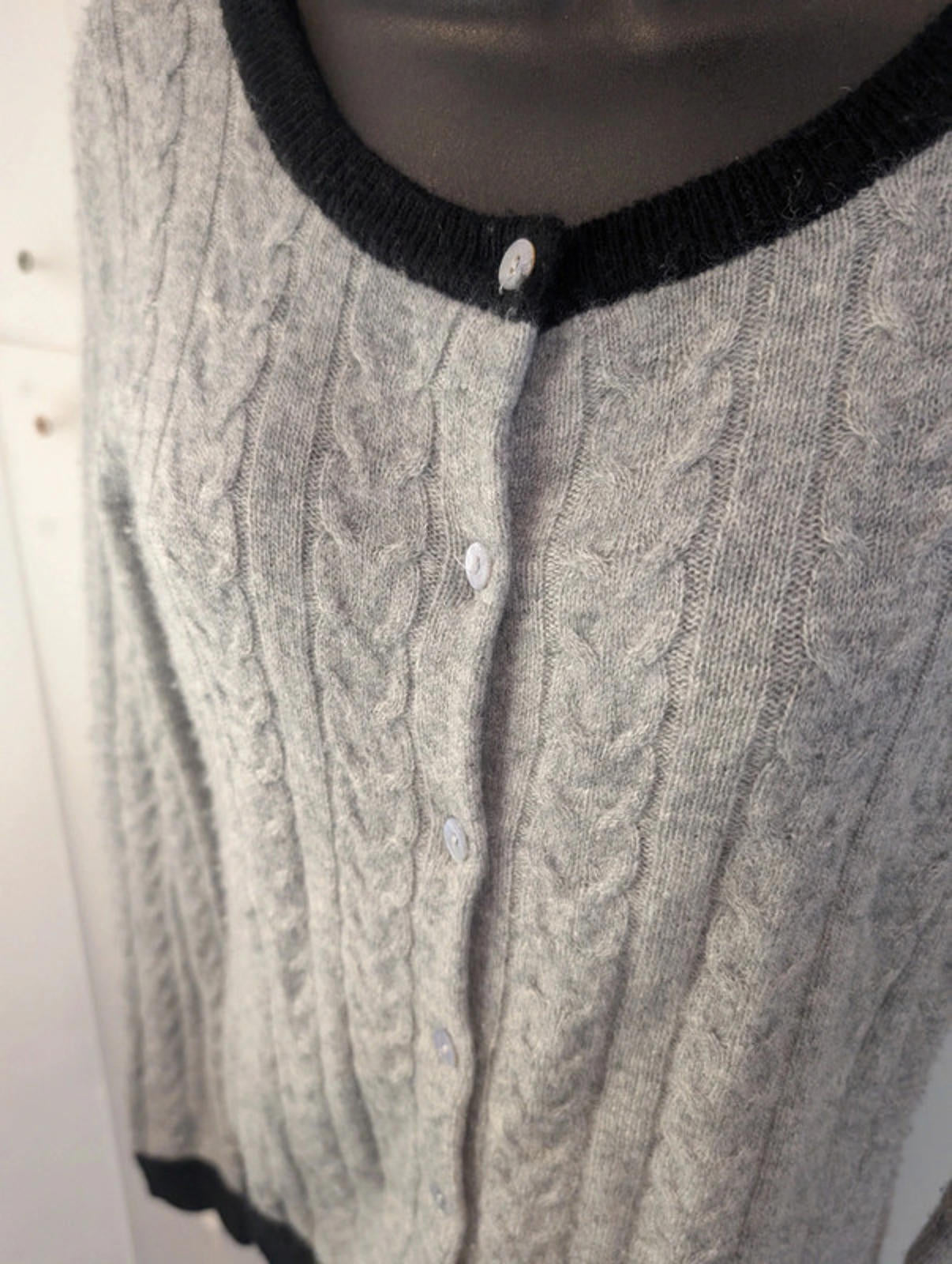 Paul Costelloe Pure Cashmere Cardigan – Grey & Black Trim