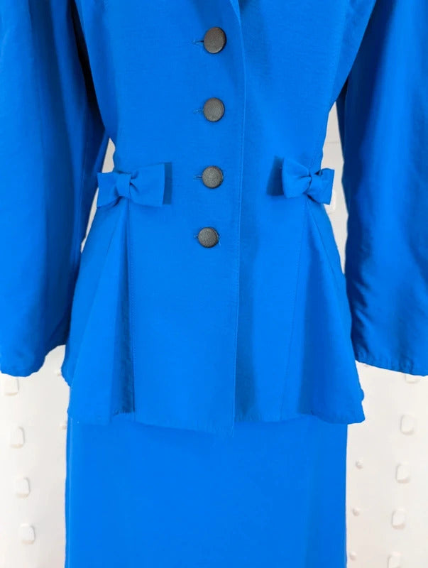 Vintage 80s Berkertex Occasions Electric Blue Peplum Skirt Suit UK8/10