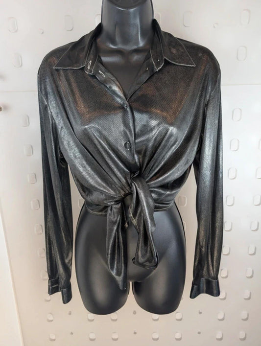 Chemisier Metallic Gunmetal Shirt Size 10 Silver Blouse