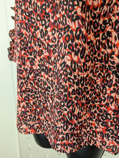 Karen Millen Leopard Print Blouse UK12 Pink Purple Ruffle Sleeve High Neck