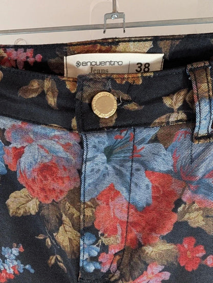 Dark Floral Jeans – High Waist Straight Leg – Statement Print – UK 10