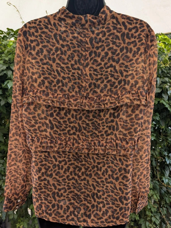 Six Ames Malina Leopard Print Ruffle Blouse Size 38