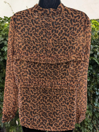 Six Ames Malina Leopard Print Ruffle Blouse Size 38