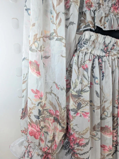 Sheer Floral Co-Ord Set Shirred Crop Top & Wide Leg Trousers Boho XS