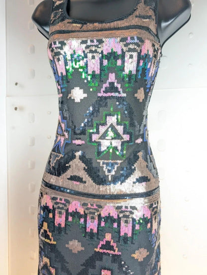 Evita Gold Sequin Bodycon Dress UK8 Pink Green Abstract Detail Party