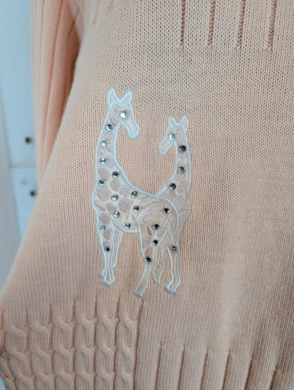 Vintage German Peach Merino Wool Blend Diamanté Giraffe Jumper UK18