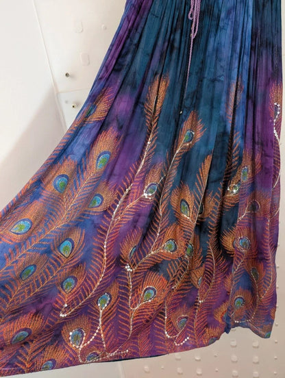 Indian Peacock Print Embellished Rayon Maxi Skirt Free Size