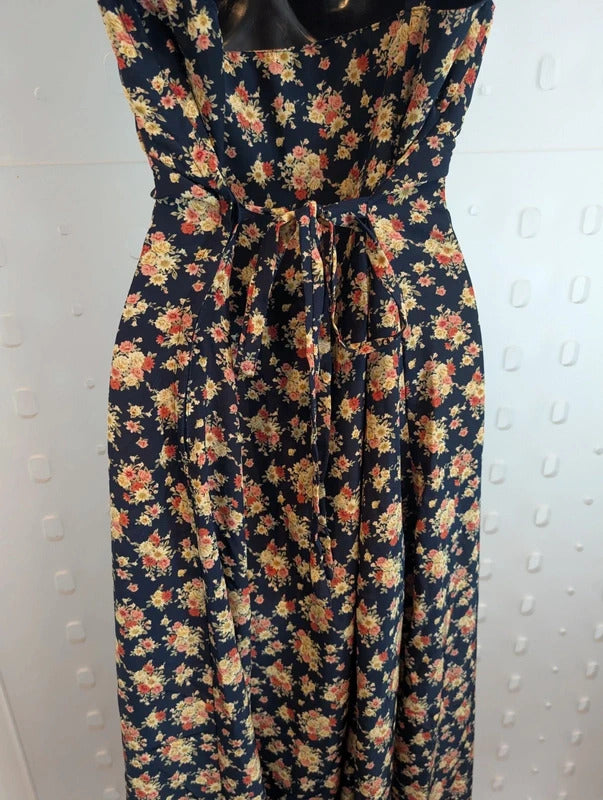 Vintage 90s Made in Great Britain Navy Rose Floral Maxi Dress UK16