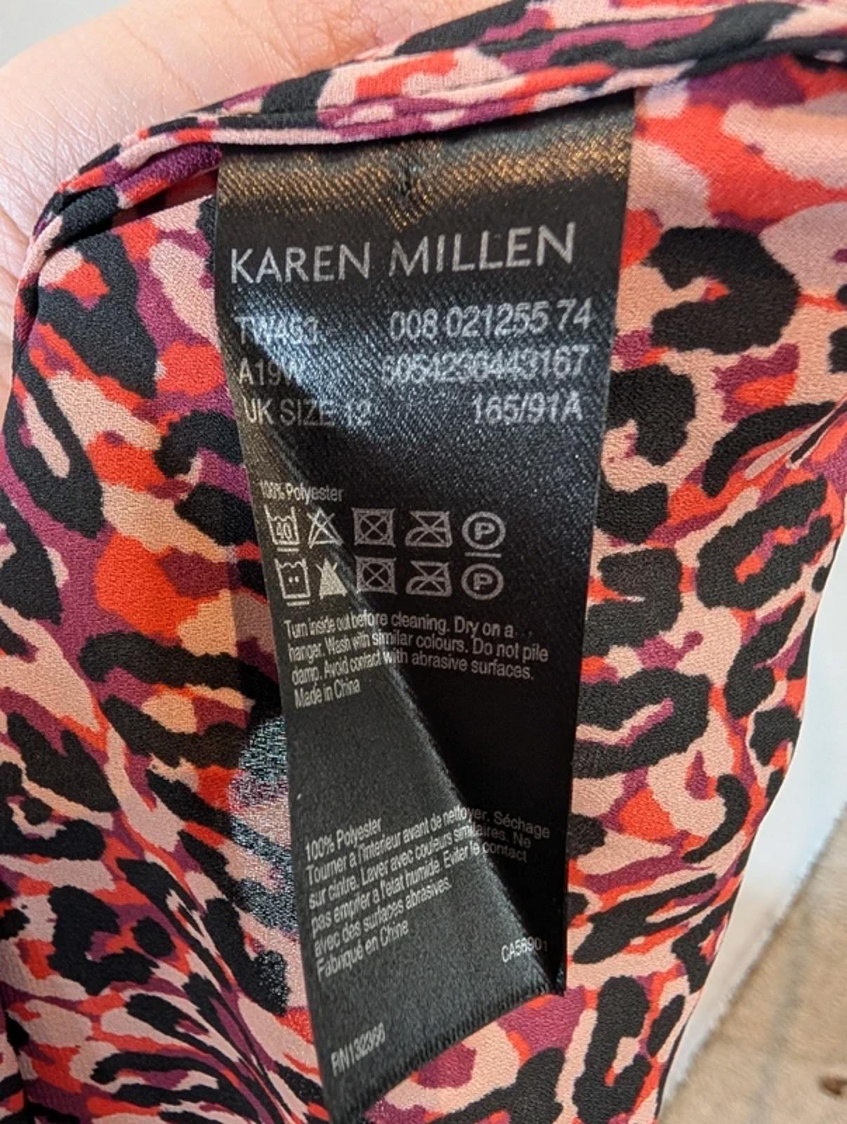 Karen Millen Leopard Print Blouse UK12 Pink Purple Ruffle Sleeve High Neck