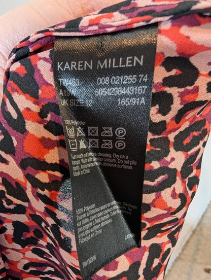 Karen Millen Leopard Print Blouse UK12 Pink Purple Ruffle Sleeve High Neck
