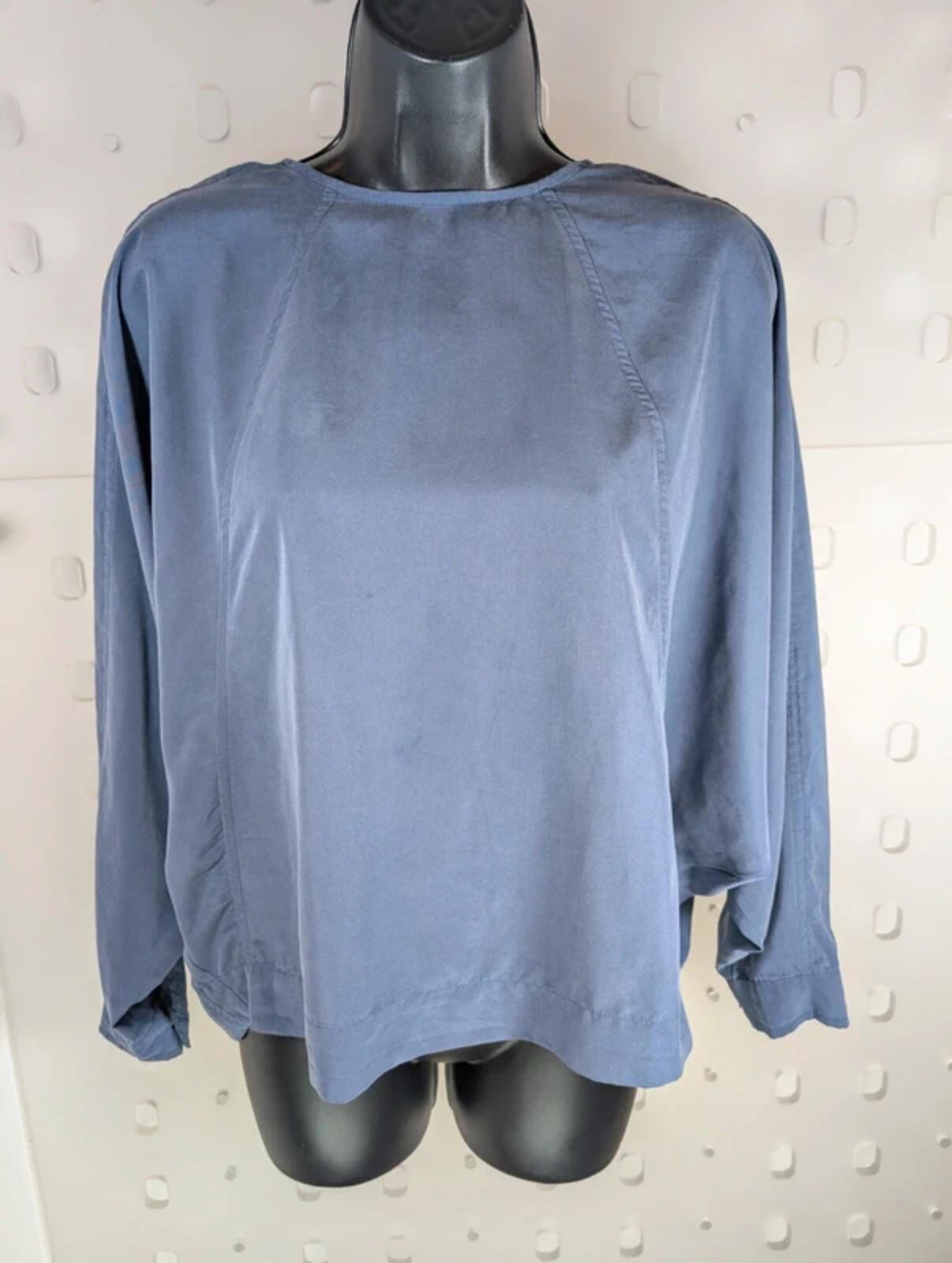 Minimalist Batwing Popper Blouse Blue Grey Lagenlook S/M
