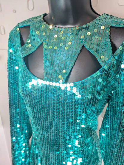 Nite Line Vintage 1980s Turquoise Sequin Cut-Out Dress – UK 12