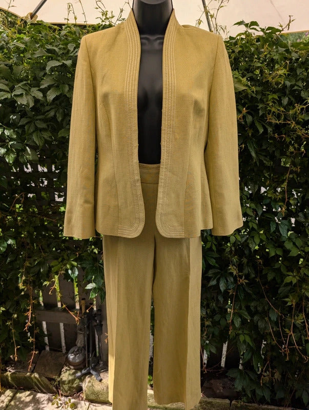 Vintage Wallis Petite Linen Blend Trouser Suit Lime Green UK8