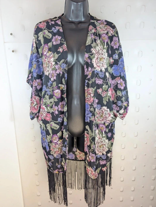 New Look floral tasseled kimono cover up boho festival beachy black pink uk10