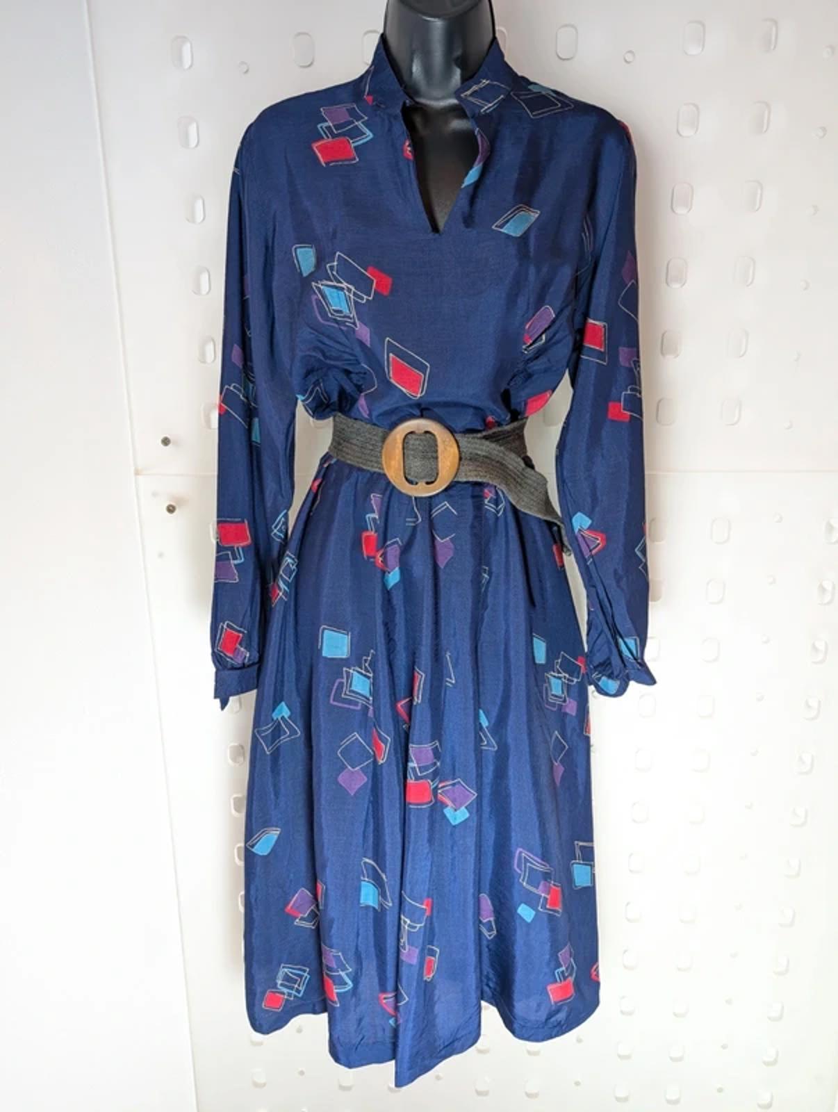 Vintage Navy Abstract Print Midi Dress Made in Greece