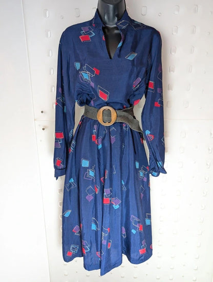 Vintage Navy Abstract Print Midi Dress Made in Greece