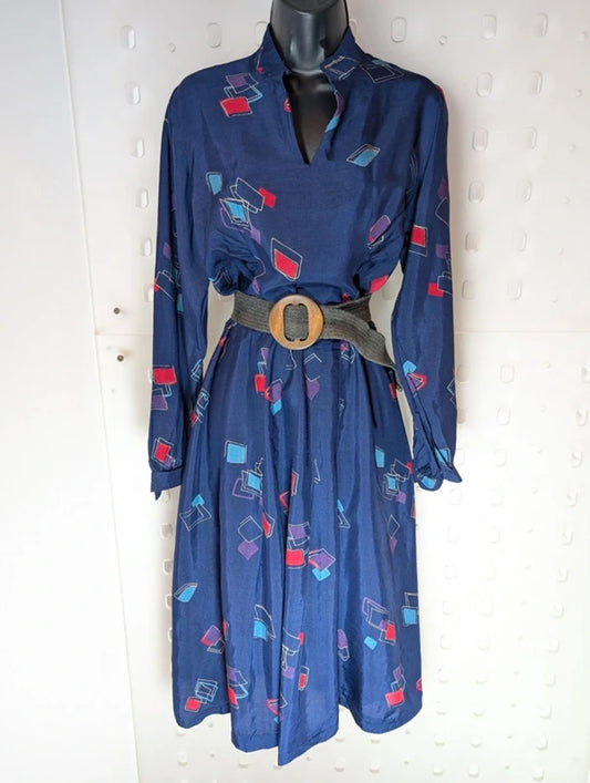 Vintage Navy Abstract Print Midi Dress Made in Greece