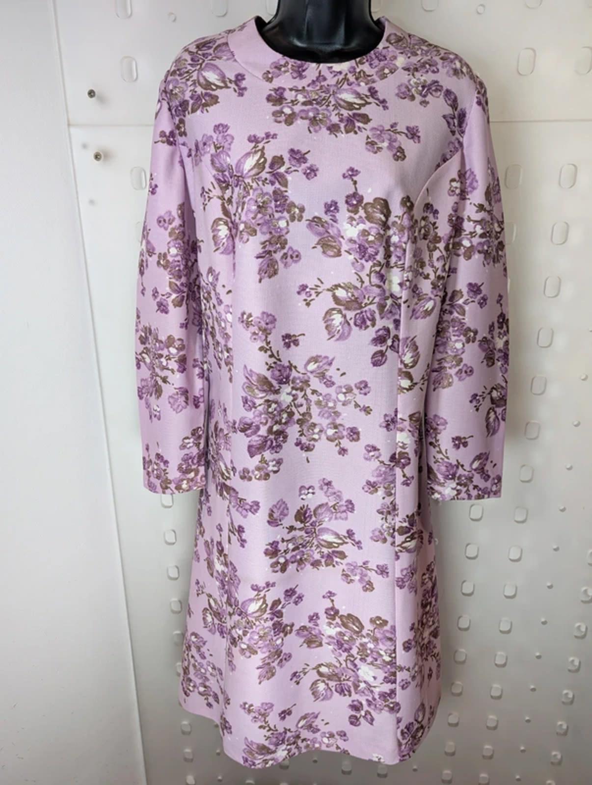 Vintage 1960s Purple Blossom Shift Dress – Metal Zip – UK 16/18