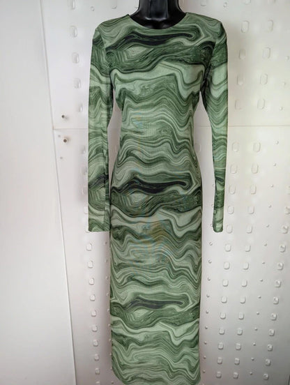 Monki green abstract mesh maxi dress size S