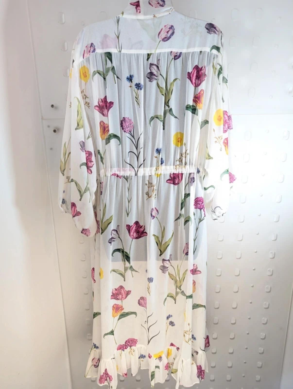 Studio by Preen Sheer Midi Dress UK18 White Floral Tulip Print Tie Neck