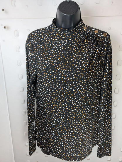 DKNY Speckled High Neck Top Size Medium Button Shoulder