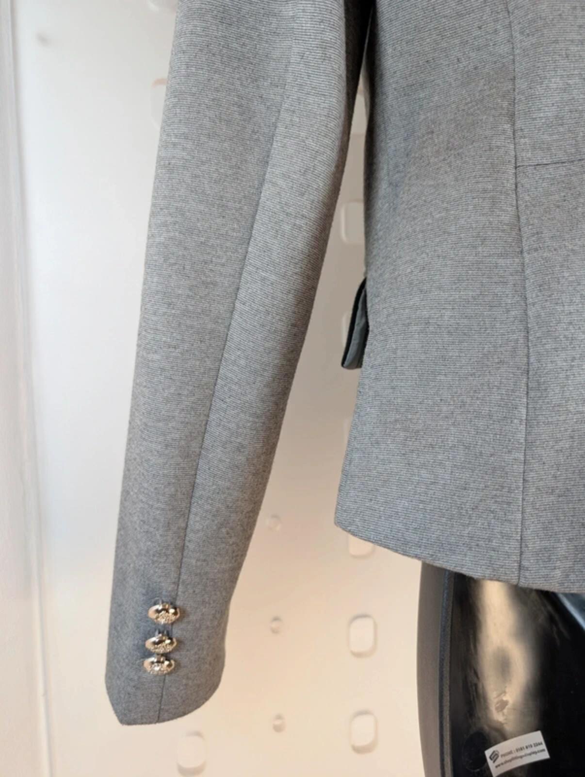 Fitted Military Style Jacket Grey Structured Blazer Statement Buttons Size S