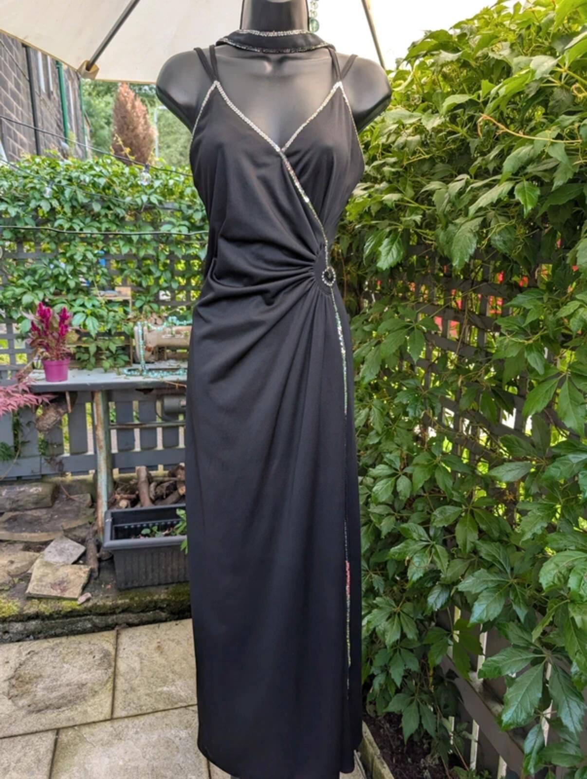 Vintage Black Evening Dress Silver Sequin Detail UK14