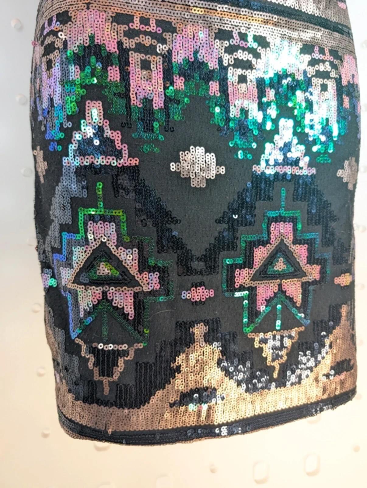 Evita Gold Sequin Bodycon Dress UK8 Pink Green Abstract Detail Party