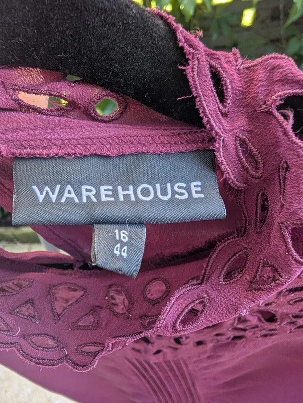 Warehouse Pure Silk Lace Trim Blouse Burgundy UK14