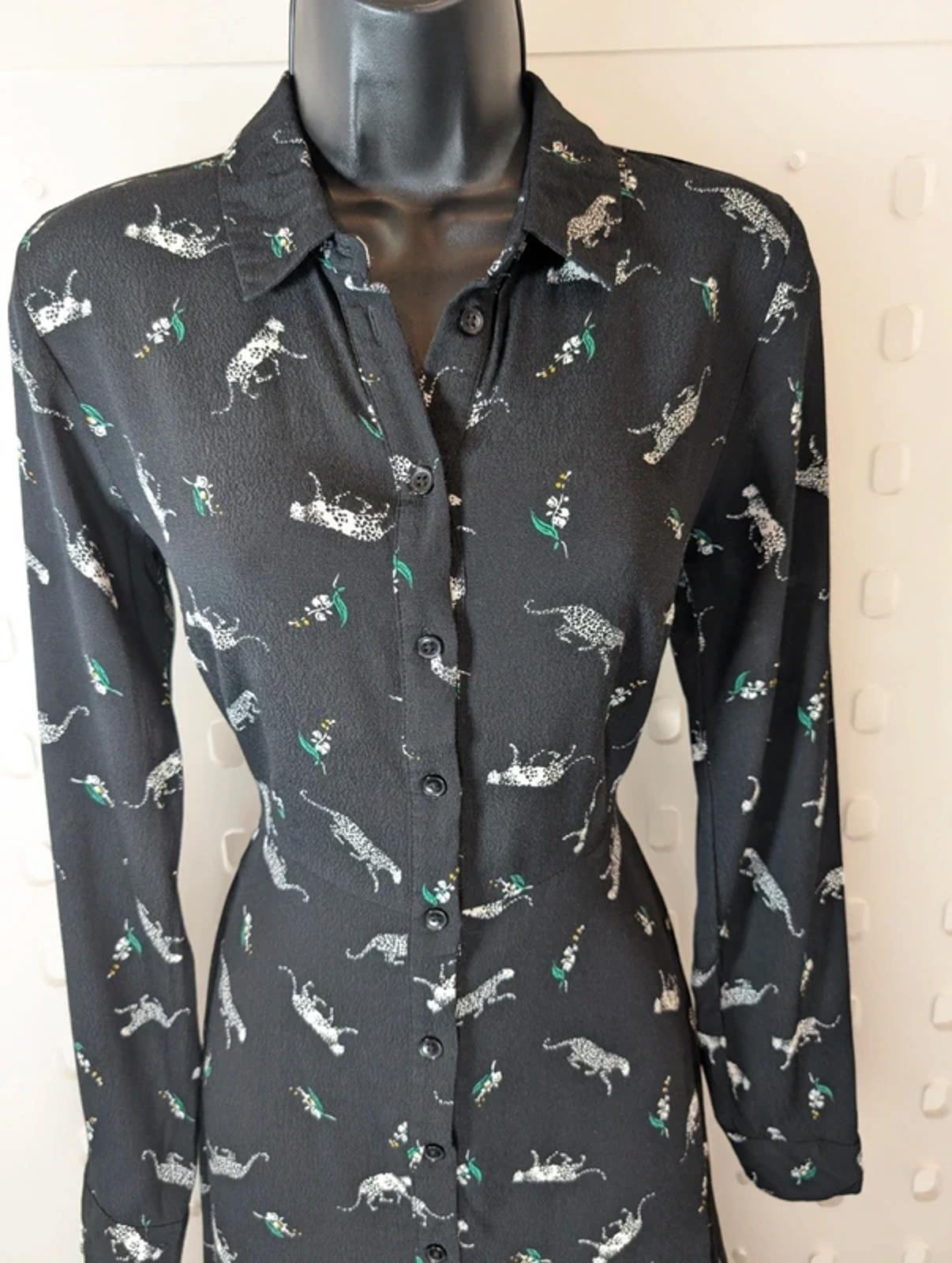 Warehouse Black & White Leopard Animal Print Dress UK8 Button Front Viscose