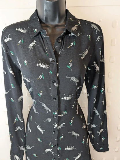 Warehouse Black & White Leopard Animal Print Dress UK8 Button Front Viscose