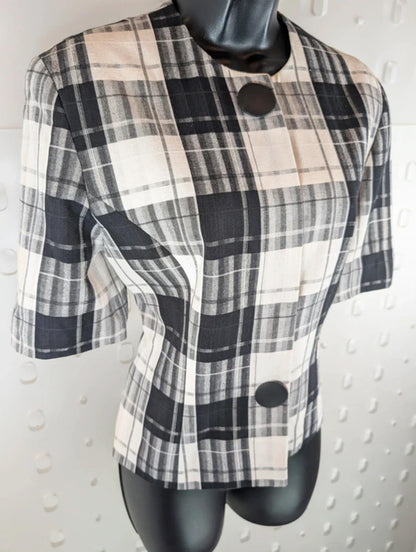 Vintage Richards Check Linen Blend Jacket UK10 Black White 80s