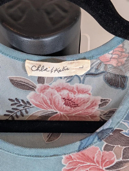 Y2K Blue Floral Mesh Top Size L Sheer Stretch