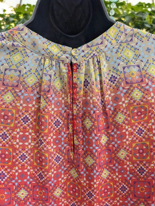 DR2 Geometric Print Longline Blouse Coral Pink Large