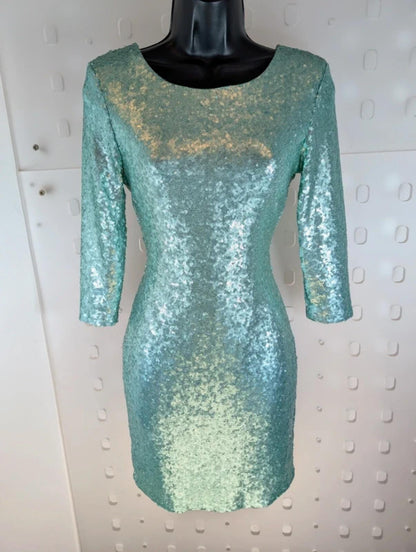BlinQ Turquoise Sequin Dress UK10 Mermaid Shimmer 3/4 Sleeve Occasion Party