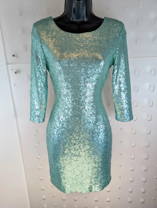BlinQ Turquoise Sequin Dress UK10 Mermaid Shimmer 3/4 Sleeve Occasion Party