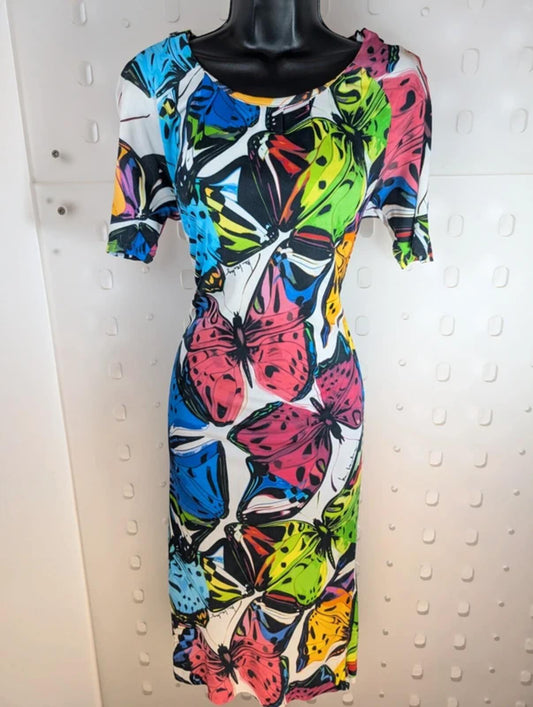 Iceberg Ice Vintage Bodycon Midi Dress Italy Butterfly Print Zip Shoulder UK10 M
