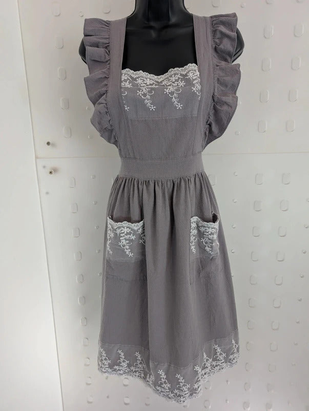 Grey Lace Trim Cross Back Kitchen Pinafore Apron Size 8