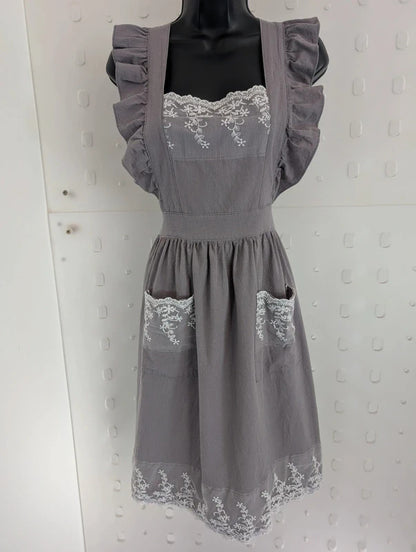 Grey Lace Trim Cross Back Kitchen Pinafore Apron Size 8