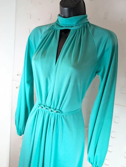 Vintage 1970s Crimplene Maxi Dress Teal UK8/10