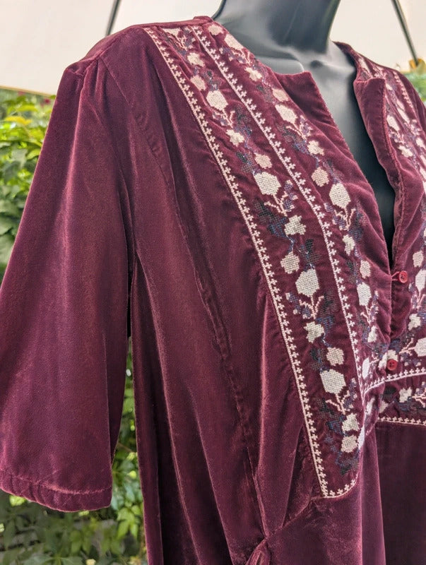 Free People Embroidered Velvet Mini Dress Burgundy Large