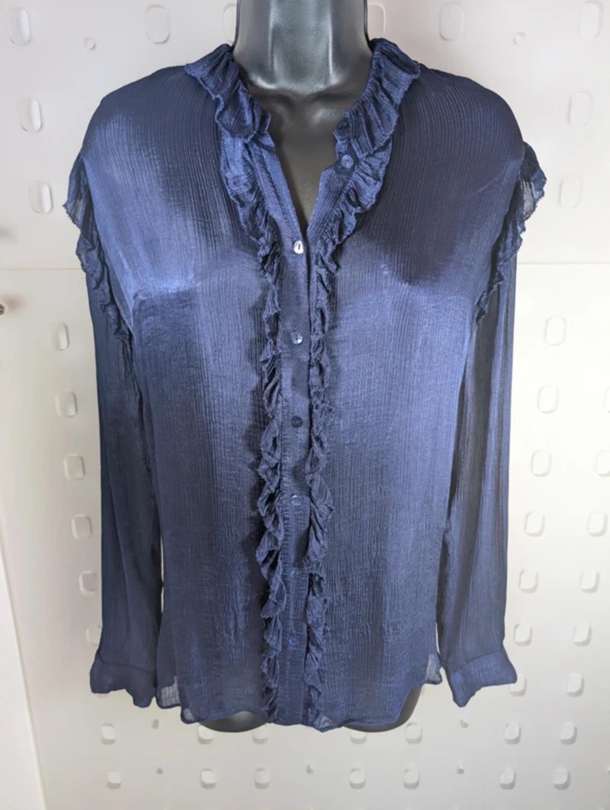 Massimo Dutti Ink Blue Ruffle Front Blouse EU42 UK14