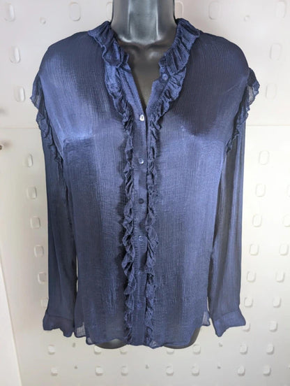 Massimo Dutti Ink Blue Ruffle Front Blouse EU42 UK14