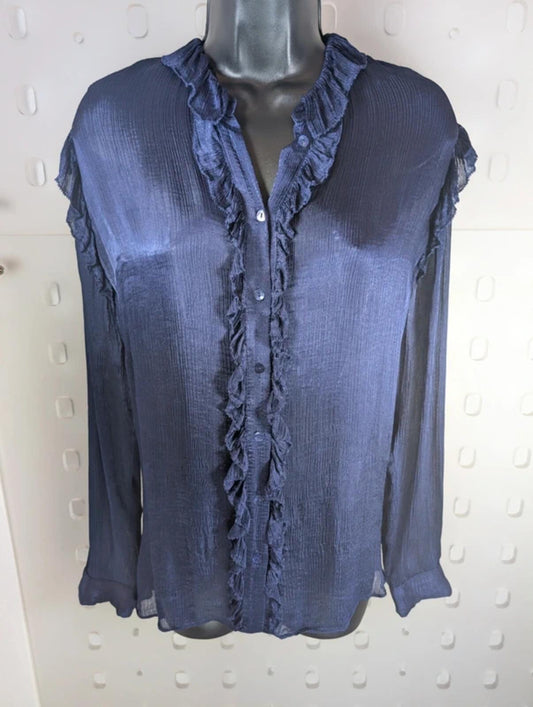 Massimo Dutti Ink Blue Ruffle Front Blouse EU42 UK14