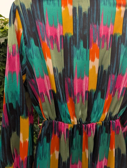 J S Millenium Satin Brush Stroke Wrap Mini Dress Large