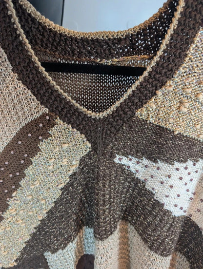 Vintage 1980s Handmade Brown Gold Abstract Knit Vest Wearable Art