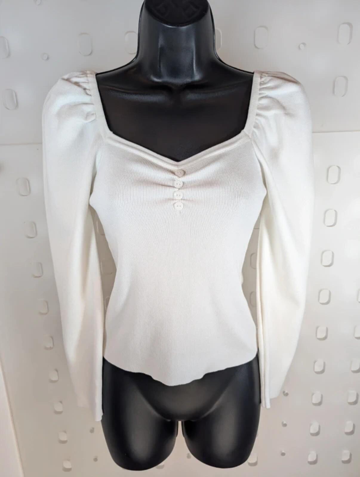 LUC-CE Off White Puff Sleeve Sweetheart Neck Knit Jumper UK10–12
